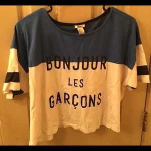 Forever 21 Bonjour Blue and White Half Top, Size M